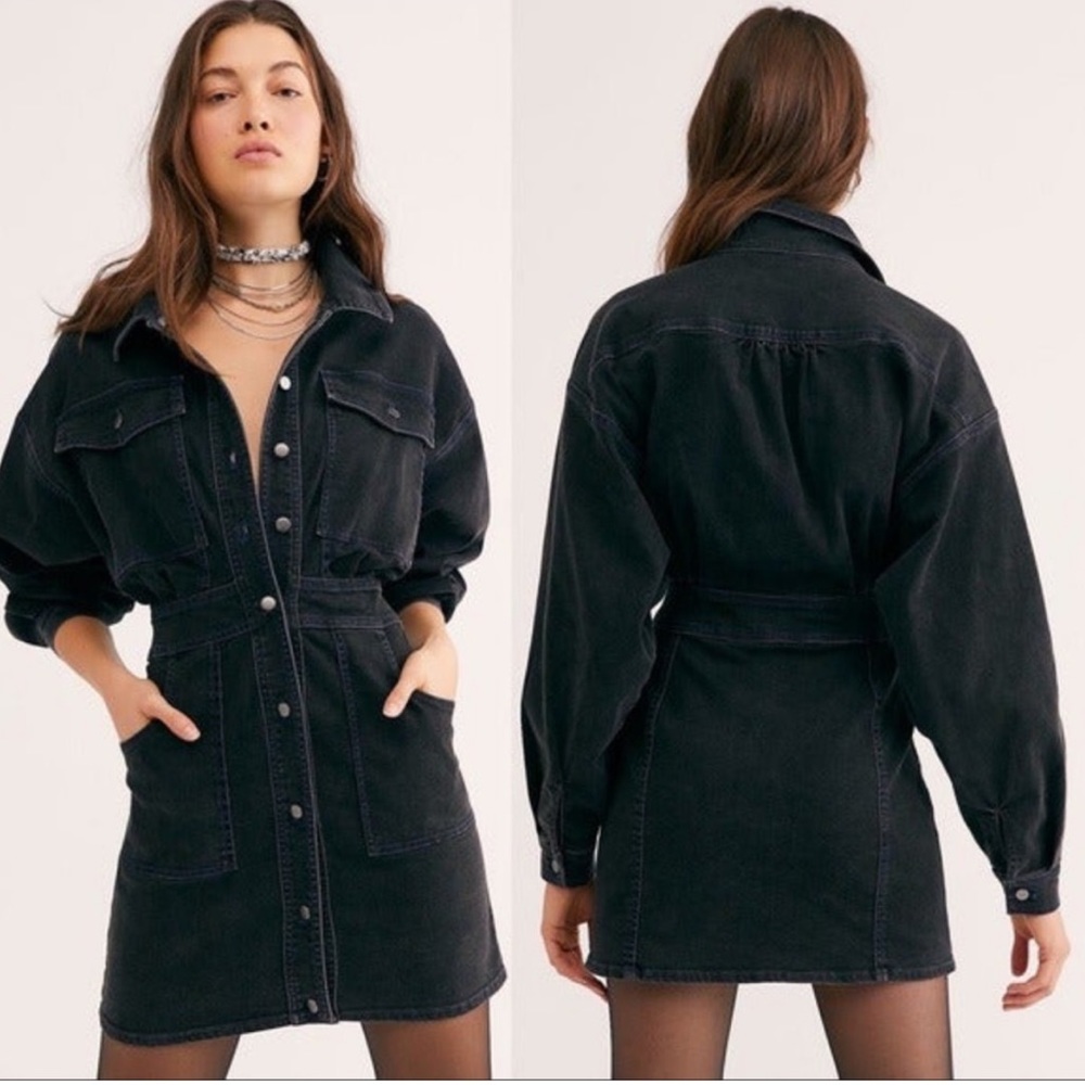 Free People (NWT) Bo Denim Mini Dress Black with Blue Stitching